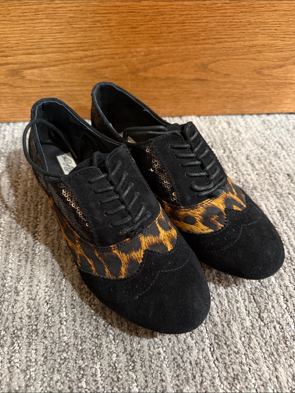 Black Suede Oxford Flats with Leopard  & Sequin Accents